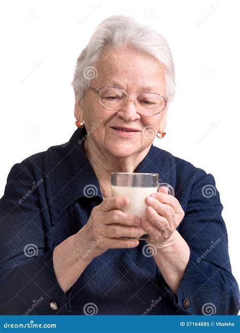 Healthy Old Woman Holding A Glass Of Milk Stock Image Image Of Adult