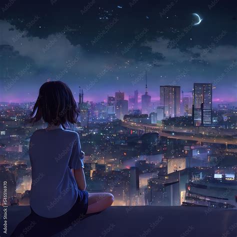 Cute Anime Woman Looking At The Cityscape By Night Time A Sad Moody