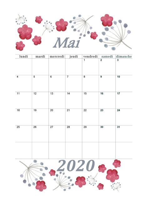 Calendrier Mensuel Mai 2020 À Imprimer Gratuit
