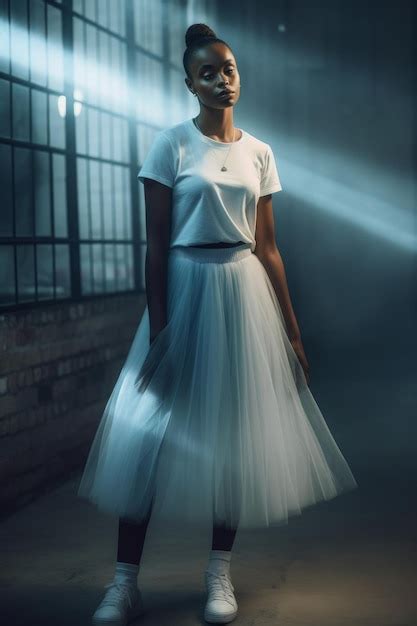 Premium Ai Image A Woman In A White Skirt Stands In Front Of A Brick