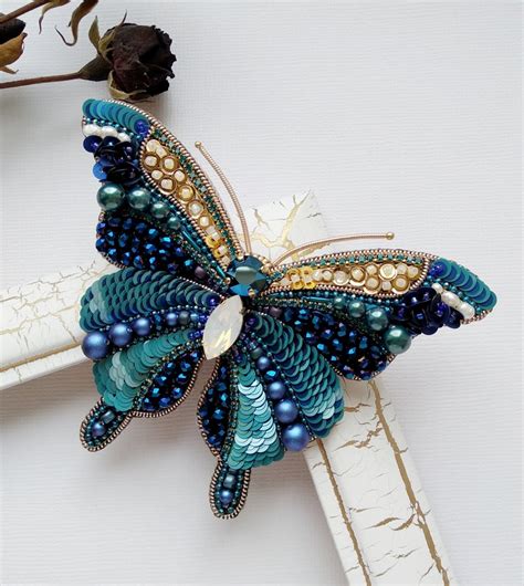 Brooch Butterfly Handmade Beaded Embroidered Pin Moth Flying Etsy In