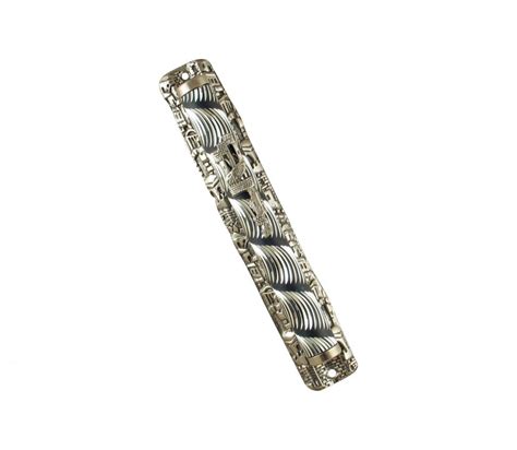 Metal Mezuzah Case With Ornate Design And Jerusalem Images Frame