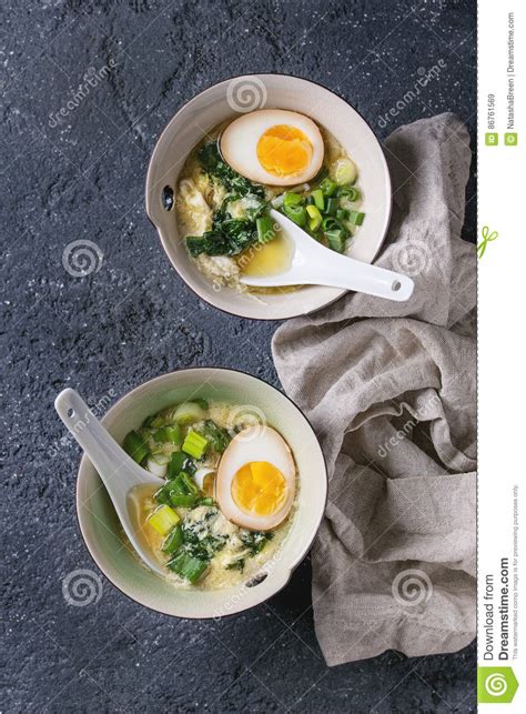 The ingredients for this chinese spinach soup are all simple and humble and yet when combined together, they produce a very flavorful and comforting. Asian Soup With Eggs, Onion And Spinach Stock Image ...