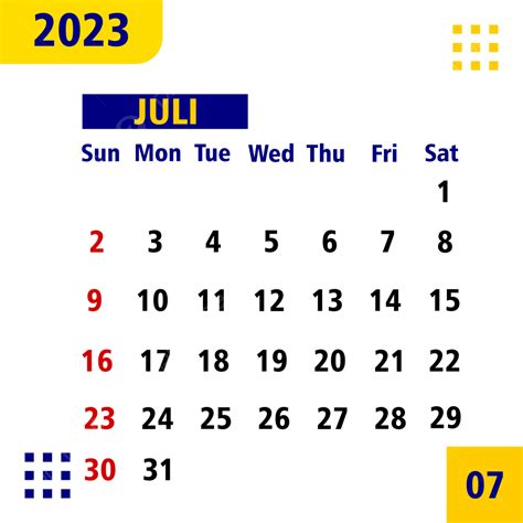 Gambar Vektor Kalender Juli 2023 Juli 2023 Kalender Png Dan Vektor Dengan Background