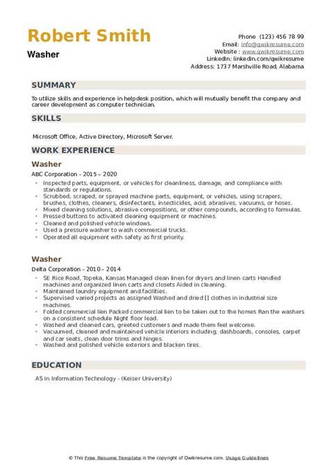 The cv profile (or personal statement as it sometimes called) is a short paragraph which summarises your skills knowledge and experience. Washer Resume Samples | QwikResume