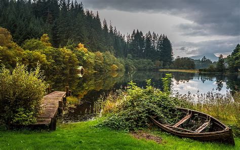 Hd Wallpaper Autumn Forest Lake Boat Scotland The Bridge Loch