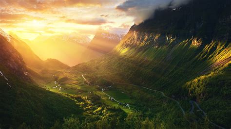 Download 1920x1080 Wallpaper Norway Geirangerfjord Valley Sunrise