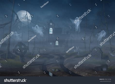 Cabin Graveyard Spooky Misty Forest Night Stock Illustration 700113748