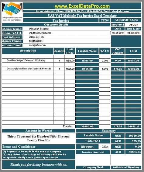 Download UAE VAT Multiple Tax Invoice Excel Template ExcelDataPro