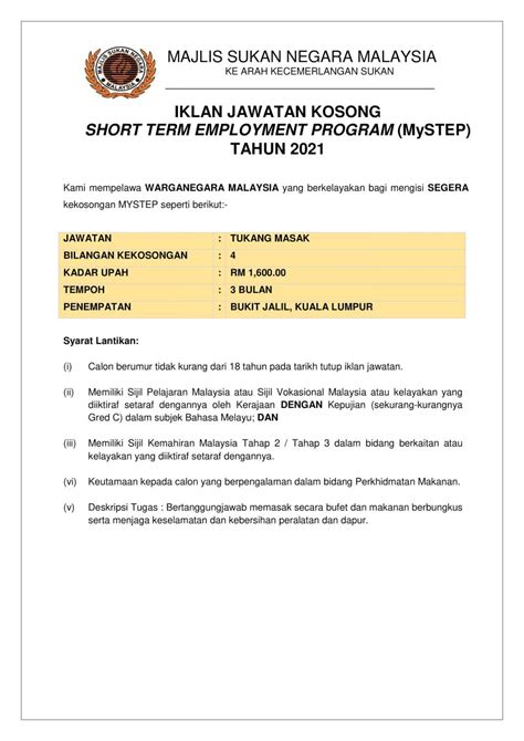 Sekiranya anda, seorang warganegara malaysia yang cukup syarat kelayakan dan. Iklan Jawatan Majlis Sukan Negara Malaysia • Portal Kerja ...