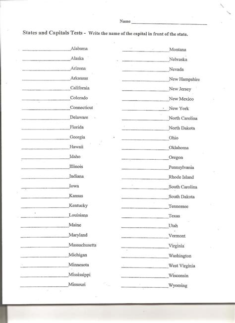 Map Of Us States And Capitals Worksheet