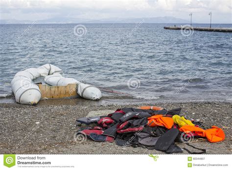 Life Jackets Discarded On A Beach Refugees Come From Turkey In An