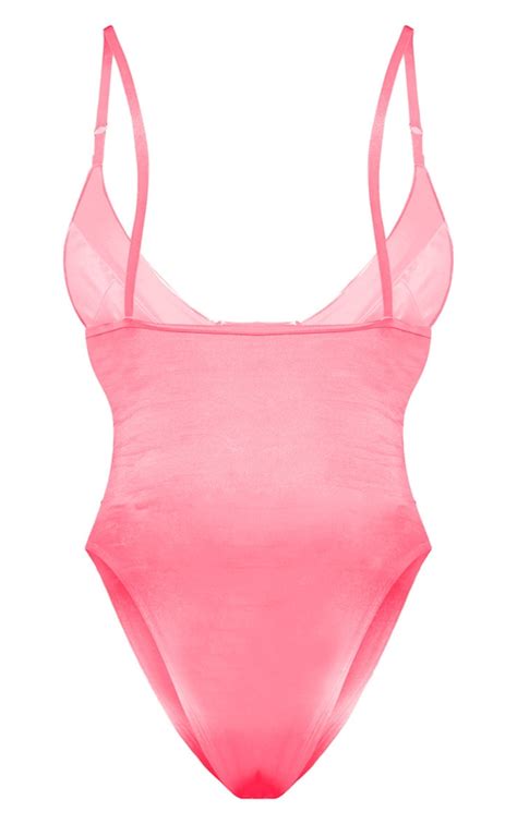 Pink Stretch Satin Cup Bodysuit Tops Prettylittlething Usa