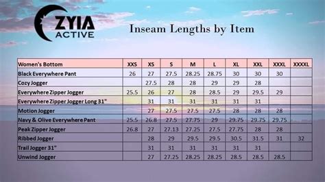 Zyia Mens Size Chart