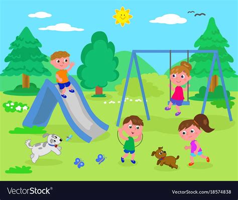 Group Of Children Playing In A Playground In Nature Vector