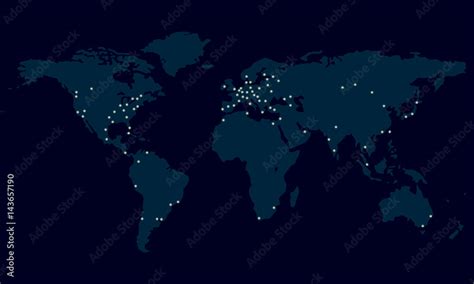 World Map With City Lights Night View Of Earth Map With Glowing City Dots Vector Illustration