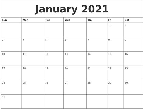 January 2021 Large Printable Calendar