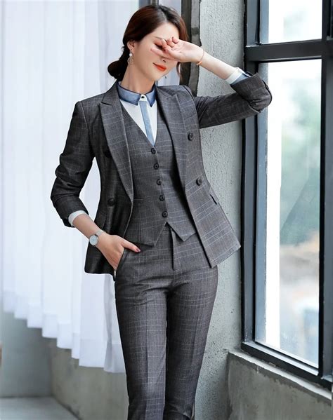 Fashion Plaid Formal 3 Piece Set Women Business Suits With Jackets And