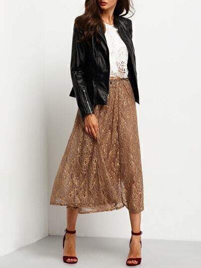Khaki Elastic Waist Lace Pleated Skirt Sheinsheinside