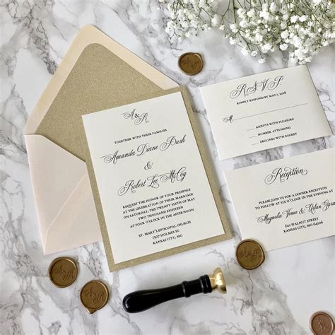 Gold Glitter Wedding Invitation With Blush Envelopes And Wax Seal — Cz