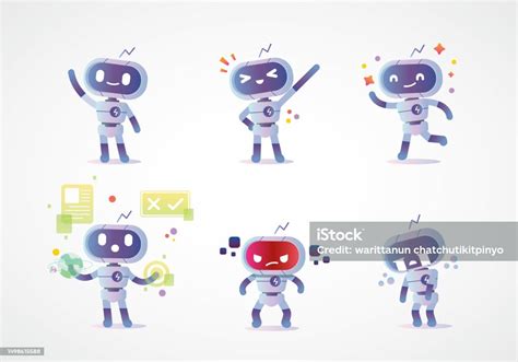 Set Of Funny Cartoon Modern Robots Mascot Character Stock Illustration