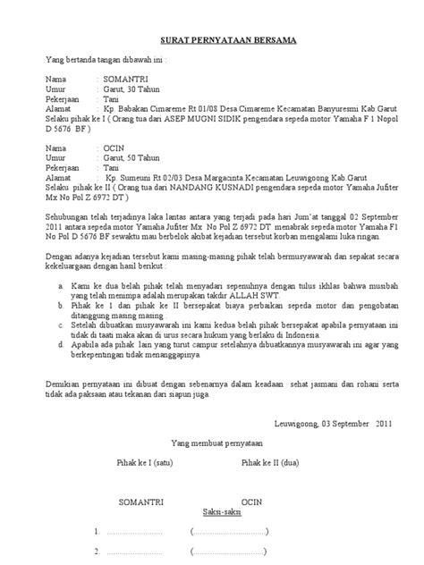 Dibuktikan dengan surat keterangan lunas dari pihak pertama. SURAT PERNYATAAN BERSAMA