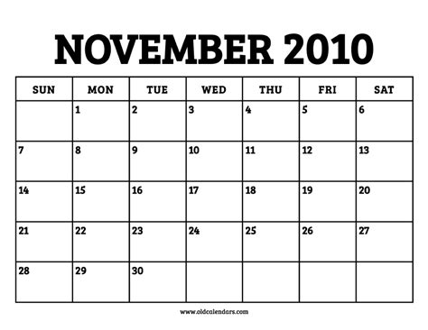 Calendar November 2010 Printable Old Calendars
