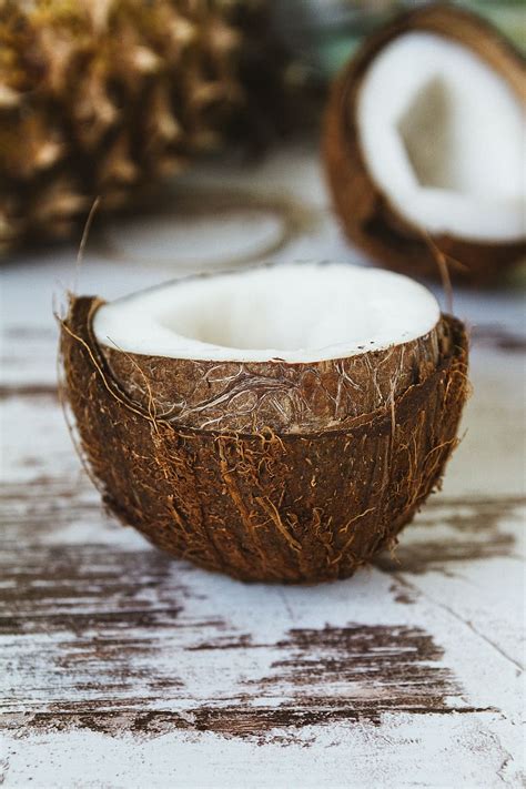 Slice Of Coconut Close Photo Coconut Shell Brown Fruit Food