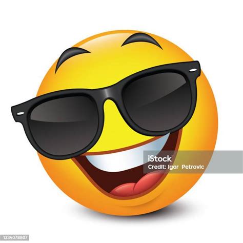 Cute Smiling Emoticon Wearing Black Sunglasses Emoji Vector