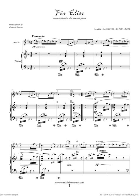 The downloadable piano sheet music is in a pdf file format. Beethoven - Fur Elise sheet music for alto saxophone and piano