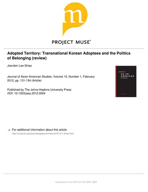 Pdf Adopted Territory Transnational Korean Adoptees And The Politics