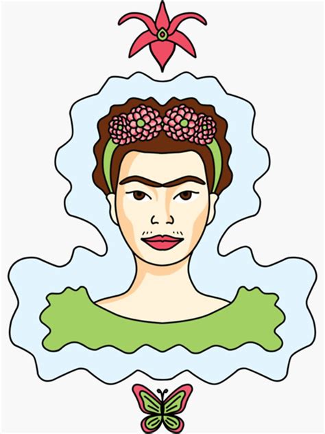 Sticker Portrait De Dessin Animé Mignon Frida Kahlo Avec Papillon Et