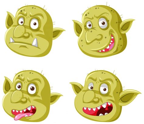 Set Of Colorful Goblin Or Troll Face In Different Expressions In