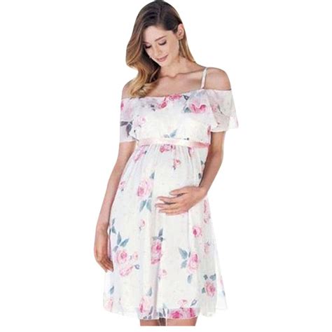 Womens Mother Floral Print Pregnant Off Shoulder Chiffon Dress For