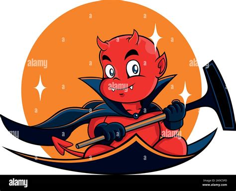 Little Red Devil Sitting On Magic Carpet Holding A Vacuum Cleaner Stock