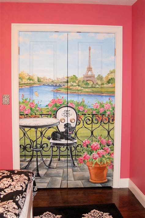 Custom Hand Painted Paris Scene Painted On Closet Doors In A Childrens