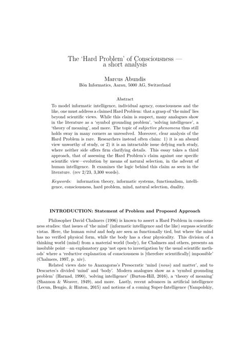 Pdf The Hard Problem Of Consciousness A Short Analysis