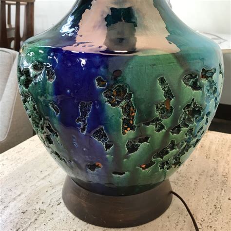 Ivory ceramic bottble has modern temperament. Blue & Green Ceramic Table Lamp | Chairish