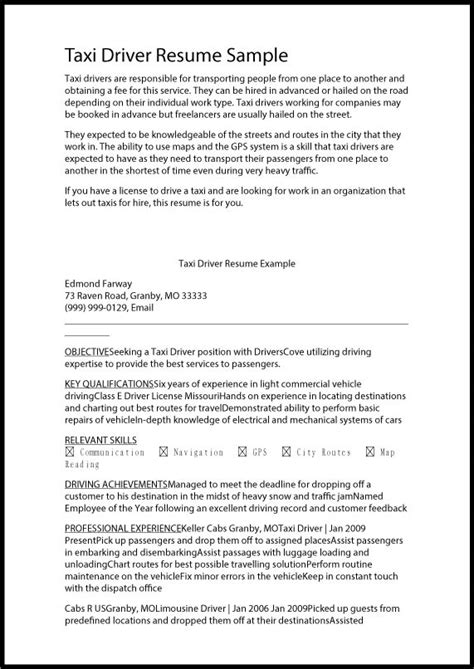 Great Sample Resume Taxi Driver Resume Sample