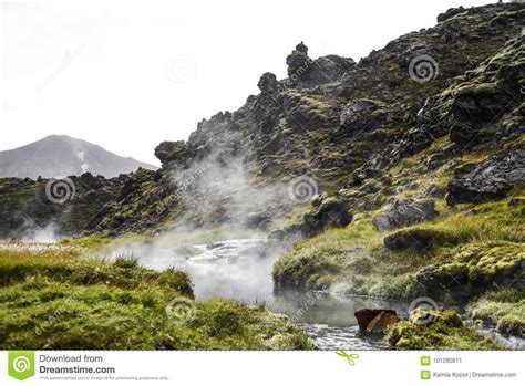 Hot Spring With Beautiful Vegetation In The Icelandic Mountains Stock