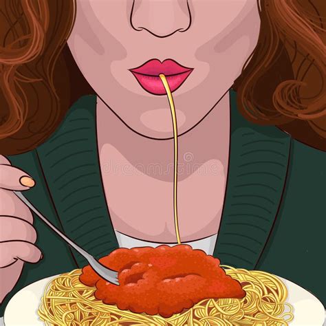 Woman Eat Spaghetti Hand Drawing Portrait Stock Vector Illustration