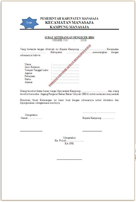 Surat keterangan impor pelumas untuk penggunaan sendiri (surat permintaan dari bea dan cukai) 6. Contoh Surat Keterangan Pengecer BBM Bensin
