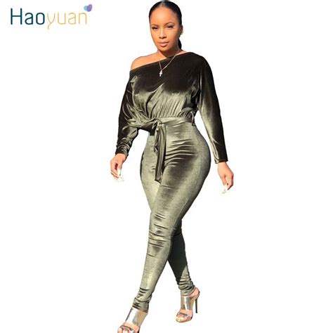 Haoyuan Sexy Stretch One Shoulder Velvet Rompers Womens Jumpsuit 2020 Fashion Clothing Body