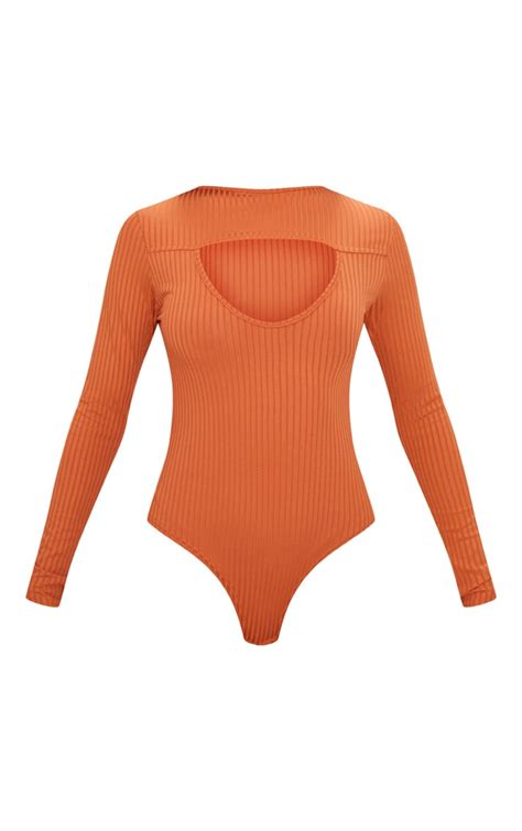 Burnt Orange Rib Cut Out Front Long Sleeve Thong Bodysuit