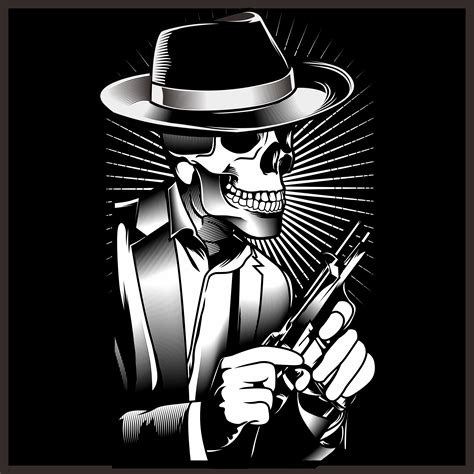 Skeleton Gangster With Revolvers In Suit Vector Illustration