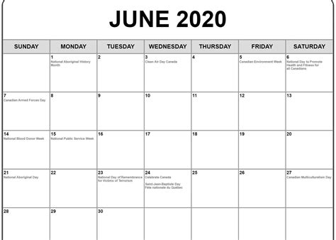Blank June 2020 Calendar With Holidays Monthly Calendar Template