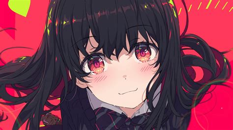 Download 1920x1080 Cute Anime Girl Black Hair Red Eyes Blushes