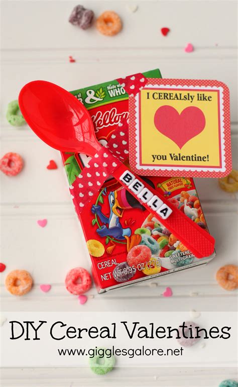 Ideas would be perfume, candy, massage oil, lingerie, etc. DIY Cereal Valentines - Giggles Galore