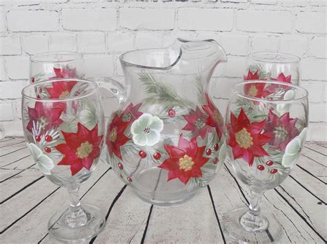 Hand Painted Christmas Poinsettia Drinking Glasses And Pitcher Set