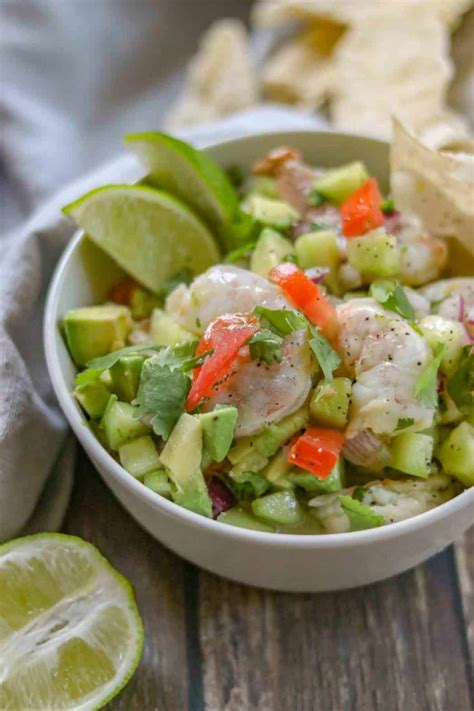 Fresh cooked shrimp, crisp veggies, buttery avocado are all tossed in a light dressing for an easy dish that is great as a dip or a light summer. Easy Shrimp Ceviche - Dinner, then Dessert
